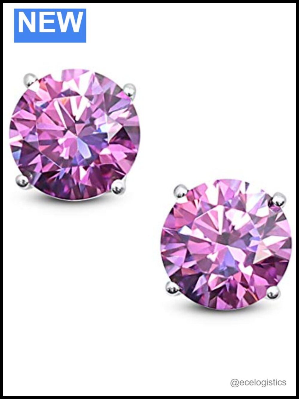 14K White Gold Purple CZ Stud Earrings, 7mm Round